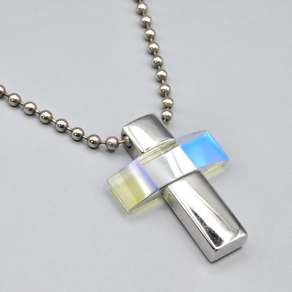 STORM London Stainless Steel Iridescent Glass Cross Pendant Ball Chain Necklace